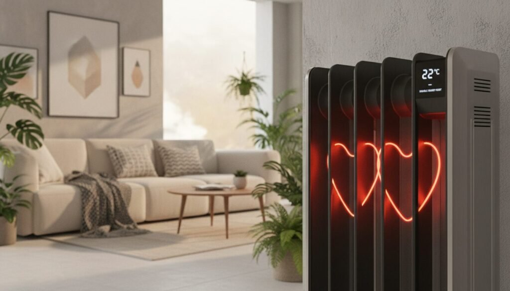 A modern electric radiator with a double heart heating system, prominently displayed in a stylish interior setting. In the foreground, focus on the sleek design and intricate details of the radiator, showcasing its controls and heating elements. In the middle ground, include a cozy living room atmosphere with warm lighting, highlighting a comfortable sofa and decorative elements like plants and artwork on the walls. The background should feature a softly glowing window, suggesting daylight filtering in. Use a soft focus lens effect to create a warm, inviting mood, emphasizing the efficiency and elegance of the electric radiator in a contemporary home environment. A modern electric radiator with a double heart heating system, prominently displayed in a stylish interior setting. In the foreground, focus on the sleek design and intricate details of the radiator, showcasing its controls and heating elements. In the middle ground, include a cozy living room atmosphere with warm lighting, highlighting a comfortable sofa and decorative elements like plants and artwork on the walls. The background should feature a softly glowing window, suggesting daylight filtering in. Use a soft focus lens effect to create a warm, inviting mood, emphasizing the efficiency and elegance of the electric radiator in a contemporary home environment.