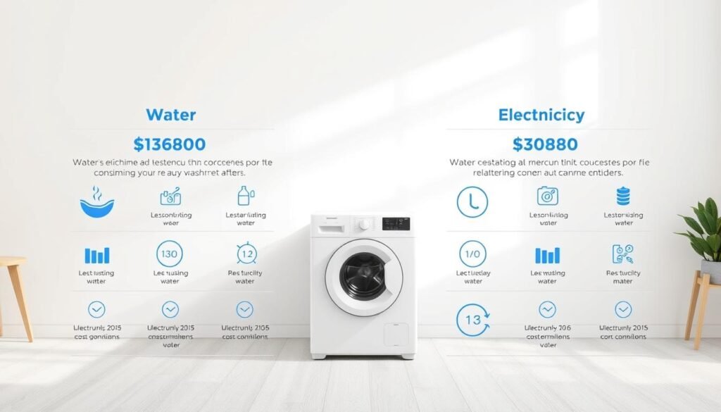 A neatly organized infographic comparing the water and electricity consumption of a washing machine, set against a minimalist, light-filled backdrop. The foreground features clear, data-driven visualizations showcasing the relative usage levels, with intuitive icons and clean typography. The middle ground includes a stylized washing machine model, rendered in a neutral, monochromatic palette to emphasize the informational elements. The background subtly suggests a domestic setting, with soft, diffused lighting and muted tones that create a calm, educational atmosphere, in line with the subject matter. A neatly organized infographic comparing the water and electricity consumption of a washing machine, set against a minimalist, light-filled backdrop. The foreground features clear, data-driven visualizations showcasing the relative usage levels, with intuitive icons and clean typography. The middle ground includes a stylized washing machine model, rendered in a neutral, monochromatic palette to emphasize the informational elements. The background subtly suggests a domestic setting, with soft, diffused lighting and muted tones that create a calm, educational atmosphere, in line with the subject matter.