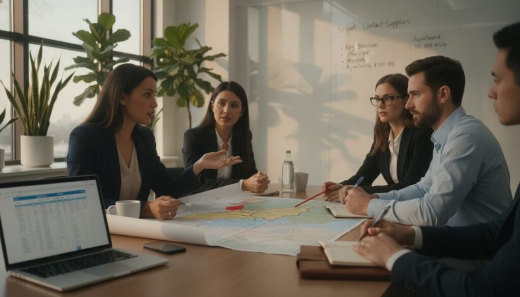 A professional office setting showcasing a group of diverse individuals engaged in a collaborative meeting about contacting water service suppliers. In the foreground, a well-dressed woman in business attire is speaking, gesturing towards a laptop displaying data on water service providers. To her right, a man in smart casual clothing is taking notes, while a woman with glasses is pointing at a map on the table, indicating service areas. The middle layer features a large window allowing soft, natural light to flood the room, complemented by indoor plants for a touch of warmth. In the background, a whiteboard displays written reminders and key contacts. The atmosphere is focused and productive, conveying urgency and professionalism. The image should be captured from a slight angle, providing depth to the scene, with warm lighting enhancing a thoughtful ambiance.