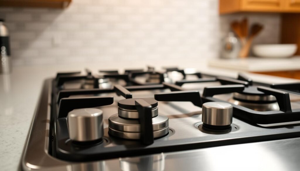 A sleek gas cooktop with burners of varying sizes, showcased in a well-lit kitchen setting. The stainless steel surface gleams, highlighting the intuitive control knobs and grates. In the background, a tiled backsplash and wooden cabinetry create a modern, functional ambiance. Soft shadows and highlights emphasize the cooktop's form and features, inviting the viewer to imagine the advantages and disadvantages of gas cooking. The scene conveys a sense of efficiency, precision, and the tactile experience of using a gas-powered appliance. A sleek gas cooktop with burners of varying sizes, showcased in a well-lit kitchen setting. The stainless steel surface gleams, highlighting the intuitive control knobs and grates. In the background, a tiled backsplash and wooden cabinetry create a modern, functional ambiance. Soft shadows and highlights emphasize the cooktop's form and features, inviting the viewer to imagine the advantages and disadvantages of gas cooking. The scene conveys a sense of efficiency, precision, and the tactile experience of using a gas-powered appliance.
