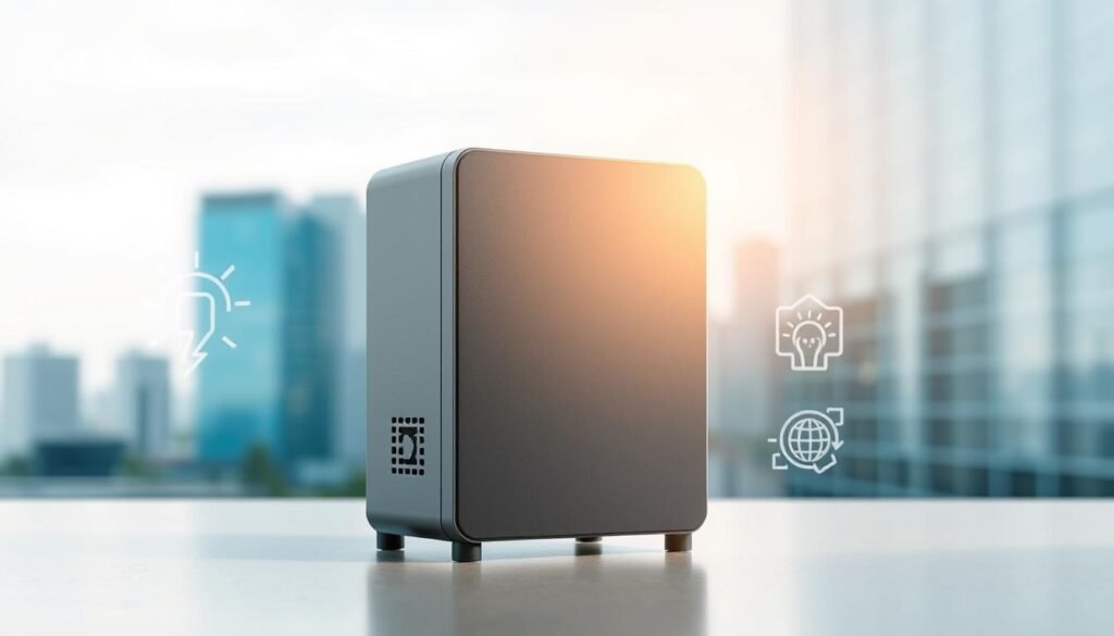 A sleek, minimalist electricity saving box stands prominently in the foreground, its simple yet efficient design highlighted by soft, natural lighting. In the middle ground, stylized icons and graphics depict the energy-saving benefits of the device, conveying a sense of technological innovation and environmental responsibility. The background features a blurred, abstract cityscape, evoking a modern, urban setting where this energy-saving solution could be seamlessly integrated. The overall composition exudes a sense of sophistication, practicality, and a forward-thinking approach to energy conservation. A sleek, minimalist electricity saving box stands prominently in the foreground, its simple yet efficient design highlighted by soft, natural lighting. In the middle ground, stylized icons and graphics depict the energy-saving benefits of the device, conveying a sense of technological innovation and environmental responsibility. The background features a blurred, abstract cityscape, evoking a modern, urban setting where this energy-saving solution could be seamlessly integrated. The overall composition exudes a sense of sophistication, practicality, and a forward-thinking approach to energy conservation.