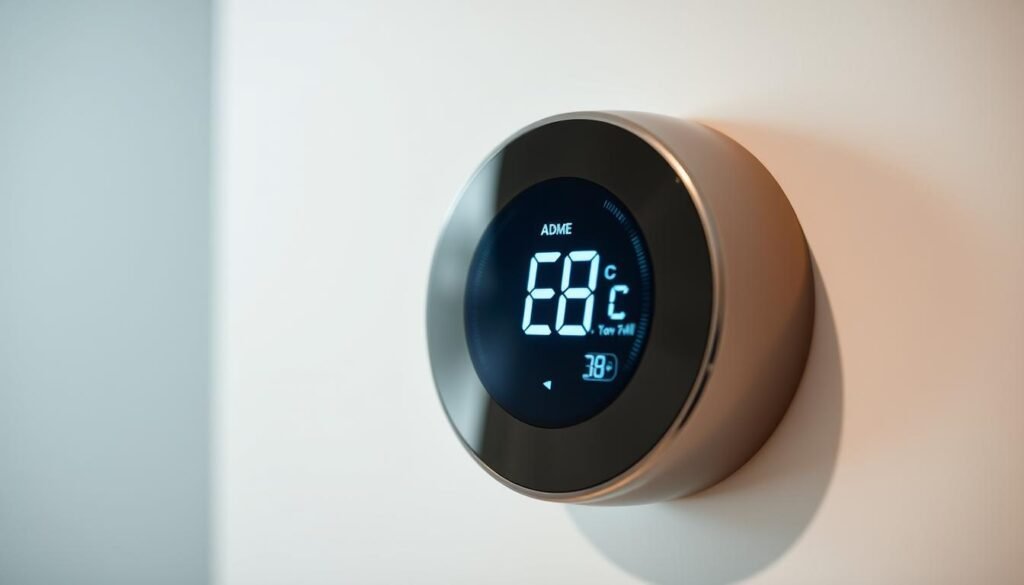 A well-lit, close-up photograph of a digital thermostat display showing the temperature set to 8 degrees Celsius, against a clean, minimalist background. The display should be the focal point, with a sense of depth and balance in the composition. The lighting should be soft and natural, highlighting the tactile, high-quality feel of the device. The overall mood should convey a sense of efficiency, precision, and environmental-consciousness, reflecting the guidance of the ADEME (Agence de la transition écologique) on optimal air conditioning settings.