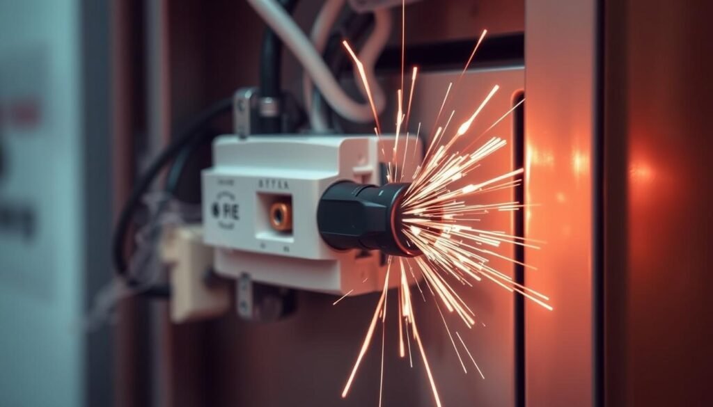 A close-up shot of a malfunctioning circuit breaker for a cooking stove, with sparks and smoke emanating from the switch. The breaker is mounted on a sleek, modern electrical panel with clean lines and a minimalist design. The image is well-lit, with a combination of warm and cool tones that create a sense of tension and urgency. The focus is sharp, capturing the intricate details of the breaker's internal components and the pattern of the electrical wiring. The overall mood is one of concern and the need for immediate attention to the issue, conveying the importance of properly selecting and maintaining a circuit breaker for a cooking stove. A close-up shot of a malfunctioning circuit breaker for a cooking stove, with sparks and smoke emanating from the switch. The breaker is mounted on a sleek, modern electrical panel with clean lines and a minimalist design. The image is well-lit, with a combination of warm and cool tones that create a sense of tension and urgency. The focus is sharp, capturing the intricate details of the breaker's internal components and the pattern of the electrical wiring. The overall mood is one of concern and the need for immediate attention to the issue, conveying the importance of properly selecting and maintaining a circuit breaker for a cooking stove.