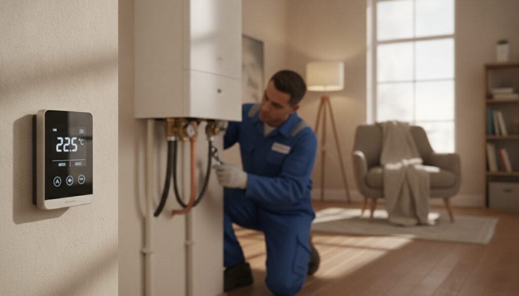 A close-up view of a modern gas boiler thermostat installation in a cozy home setting. The foreground features a sleek digital thermostat with a clear display, elegantly mounted on a light-colored wall. In the middle, a professional technician, wearing a neat uniform, attentively checks the connections of the gas line and boiler, ensuring proper installation. The background includes a wall-mounted gas boiler with visible pipes and valves and a warm, ambient light that conveys a sense of safety and comfort. Soft shadows enhance the three-dimensional feel of the space. The mood is informative and reassuring, highlighting the importance of proper installation and compatibility of gas boiler thermostats. A close-up view of a modern gas boiler thermostat installation in a cozy home setting. The foreground features a sleek digital thermostat with a clear display, elegantly mounted on a light-colored wall. In the middle, a professional technician, wearing a neat uniform, attentively checks the connections of the gas line and boiler, ensuring proper installation. The background includes a wall-mounted gas boiler with visible pipes and valves and a warm, ambient light that conveys a sense of safety and comfort. Soft shadows enhance the three-dimensional feel of the space. The mood is informative and reassuring, highlighting the importance of proper installation and compatibility of gas boiler thermostats.
