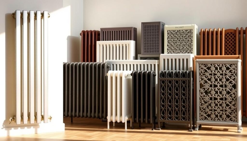 A comparative view of electric radiators, showcasing their diverse designs and thermal outputs. In the foreground, a sleek, modern wall-mounted radiator with clean lines and a silver finish. In the middle ground, a series of freestanding baseboard heaters in various sizes and finishes, highlighting their versatility. In the background, a selection of traditional-style cast-iron radiators with intricate patterns, capturing the timeless elegance of electric heating. The scene is illuminated by soft, natural lighting, creating a warm and inviting atmosphere. The composition emphasizes the visual contrasts and functional differences between these electric heating solutions, providing a comprehensive overview for the viewer. A comparative view of electric radiators, showcasing their diverse designs and thermal outputs. In the foreground, a sleek, modern wall-mounted radiator with clean lines and a silver finish. In the middle ground, a series of freestanding baseboard heaters in various sizes and finishes, highlighting their versatility. In the background, a selection of traditional-style cast-iron radiators with intricate patterns, capturing the timeless elegance of electric heating. The scene is illuminated by soft, natural lighting, creating a warm and inviting atmosphere. The composition emphasizes the visual contrasts and functional differences between these electric heating solutions, providing a comprehensive overview for the viewer.