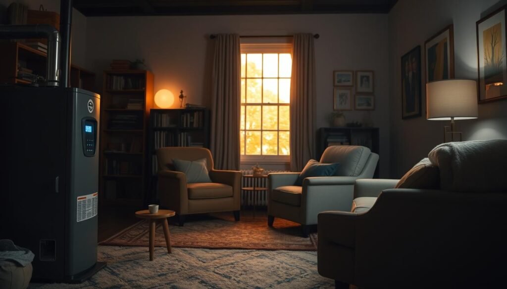 A cozy, dimly lit interior scene showcasing strategies for nighttime heating. In the foreground, a gas furnace stands prominently, its pilot light flickering gently. Surrounding it, plush armchairs and a soft area rug create an inviting atmosphere. The middle ground features a large window, casting a warm, golden glow across the room, hinting at the nighttime setting. In the background, bookshelves and artwork add depth and character to the space. The lighting is subdued, creating a sense of tranquility and contemplation, suitable for analyzing the decision to turn off the gas furnace at night.
