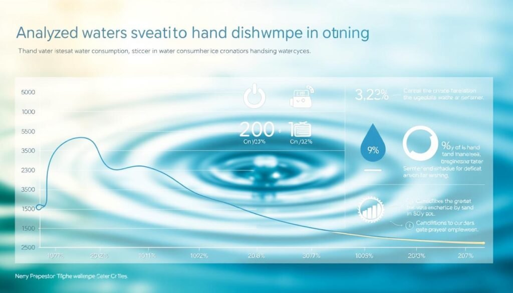 A detailed data visualization showcasing the analyzed water consumption statistics for hand dishwashing. In the foreground, a sleek, minimalist graph with clean lines and a muted color palette displays the key consumption metrics. In the middle ground, stylized icons and infographic elements provide additional context and comparisons. The background features a softly blurred, ethereal scene evoking the natural water cycle, with hues of blue and green creating a calming, reflective atmosphere. The overall composition strikes a balance between analytical precision and visual elegance, making the complex data accessible and engaging.