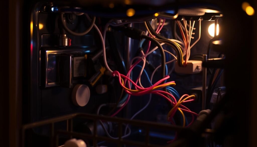 A dimly lit, close-up view of the internal electrical components of a dishwasher, showcasing the circuit board, wiring, and various connectors. The scene has a technical, diagnostic feel, with a focus on the electrical diagnostics that could be performed to troubleshoot the issue of the dishwasher tripping the circuit breaker. The lighting is subdued, with a mix of warm and cool tones, creating a sense of focus and attention to detail. The image should convey the expertise and care required to properly diagnose and address electrical problems in a dishwasher. A dimly lit, close-up view of the internal electrical components of a dishwasher, showcasing the circuit board, wiring, and various connectors. The scene has a technical, diagnostic feel, with a focus on the electrical diagnostics that could be performed to troubleshoot the issue of the dishwasher tripping the circuit breaker. The lighting is subdued, with a mix of warm and cool tones, creating a sense of focus and attention to detail. The image should convey the expertise and care required to properly diagnose and address electrical problems in a dishwasher.
