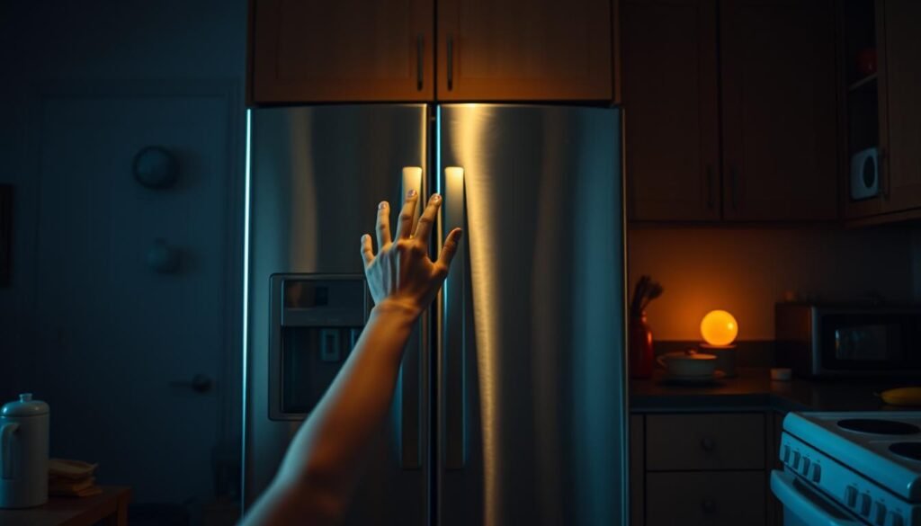 A dimly lit kitchen interior with a stainless steel refrigerator in the foreground. Hands urgently reaching for the refrigerator door, conveying a sense of emergency during a power outage. Soft, warm lighting illuminates the scene, creating a sense of tension and urgency. The refrigerator is the focal point, surrounded by a cluttered but organized kitchen counter, hinting at the need to quickly access the contents. The background is slightly blurred, emphasizing the immediate action taking place in the foreground. The overall atmosphere is one of concern and the need for immediate action to preserve the contents of the refrigerator during a power cut. A dimly lit kitchen interior with a stainless steel refrigerator in the foreground. Hands urgently reaching for the refrigerator door, conveying a sense of emergency during a power outage. Soft, warm lighting illuminates the scene, creating a sense of tension and urgency. The refrigerator is the focal point, surrounded by a cluttered but organized kitchen counter, hinting at the need to quickly access the contents. The background is slightly blurred, emphasizing the immediate action taking place in the foreground. The overall atmosphere is one of concern and the need for immediate action to preserve the contents of the refrigerator during a power cut.