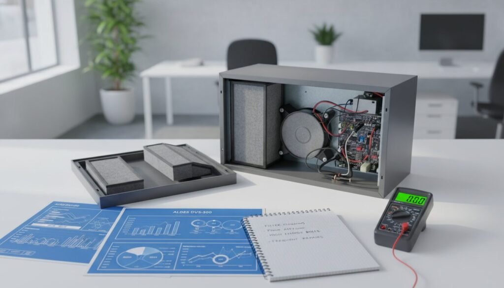 A flat lay composition showcasing the limitations of Aldes HVAC systems. In the foreground, include technical schematics and graphs depicting airflow efficiency and energy consumption, alongside tools like a digital multimeter and a notepad with notes on maintenance issues. In the middle ground, place a partially disassembled Aldes ventilation unit, revealing its internal components like filters and fans, illuminated by a soft overhead light. The background should feature a blurred office environment with white walls and modern design elements, conveying a professional atmosphere. Use natural daylight filtering in through a window to create a balanced, informative mood that reflects the analytical nature of the article's topic. The scene should be clean and visually appealing, without distractions. A flat lay composition showcasing the limitations of Aldes HVAC systems. In the foreground, include technical schematics and graphs depicting airflow efficiency and energy consumption, alongside tools like a digital multimeter and a notepad with notes on maintenance issues. In the middle ground, place a partially disassembled Aldes ventilation unit, revealing its internal components like filters and fans, illuminated by a soft overhead light. The background should feature a blurred office environment with white walls and modern design elements, conveying a professional atmosphere. Use natural daylight filtering in through a window to create a balanced, informative mood that reflects the analytical nature of the article's topic. The scene should be clean and visually appealing, without distractions.