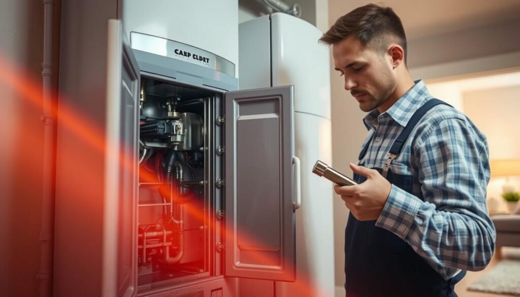 A gas boiler servicing scene, showcasing a technician inspecting and maintaining a residential gas-powered heating system. In the foreground, the technician is intently focused, tools in hand, examining the boiler's internal components. The middle ground features the boiler itself, its metal casing gleaming under warm, directional lighting, conveying a sense of precision and care. In the background, a glimpse of the home's interior, neutral-toned walls and minimalist decor, creating a calming, professional atmosphere. The overall scene emphasizes the importance of proper gas boiler maintenance, with a visually engaging and technically accurate depiction.