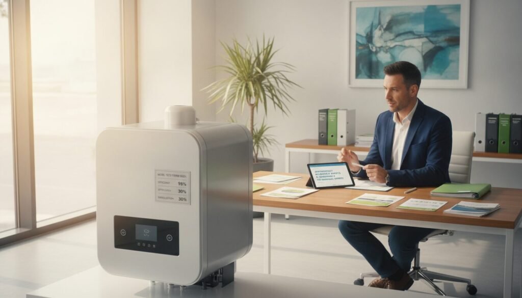 A modern and inviting office space, showcasing a high-efficiency gas condensation boiler prominently in the foreground. The boiler is sleek and well-designed with visible technical specifications, gleaming in natural lighting that streams through a large window. In the middle ground, a focused professional, dressed in smart business attire, is consulting a digital tablet, analyzing financial incentives and grants related to energy-efficient installations. The background features a stylish desk cluttered with documents and brochures about financial aid for renewable energy projects, creating an informative yet organized atmosphere. The overall mood is optimistic and solutions-oriented, emphasizing innovation and sustainability in home heating technology. A modern and inviting office space, showcasing a high-efficiency gas condensation boiler prominently in the foreground. The boiler is sleek and well-designed with visible technical specifications, gleaming in natural lighting that streams through a large window. In the middle ground, a focused professional, dressed in smart business attire, is consulting a digital tablet, analyzing financial incentives and grants related to energy-efficient installations. The background features a stylish desk cluttered with documents and brochures about financial aid for renewable energy projects, creating an informative yet organized atmosphere. The overall mood is optimistic and solutions-oriented, emphasizing innovation and sustainability in home heating technology.