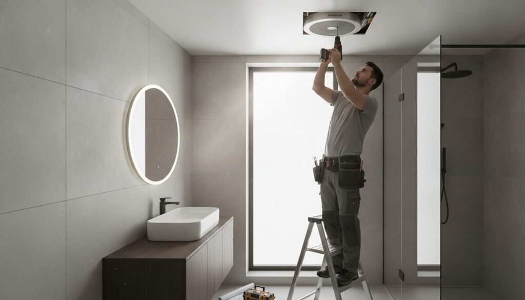A modern bathroom equipped with an efficient ventilation system, showcasing a ceiling-mounted exhaust fan and vent. In the foreground, a professional technician in modest casual attire is installing the fan, demonstrating proper techniques and tools, with a focused expression. The middle features sleek bathroom fixtures: a stylish sink, mirror, and tiles, reflecting a bright and clean atmosphere. The background reveals a window letting in natural light, enhancing the space’s airiness. Soft, diffused lighting creates a welcoming mood, emphasizing the importance of proper ventilation. Use a slightly elevated angle to capture the full scope of the installation process, ensuring all technical elements are clearly visible. A modern bathroom equipped with an efficient ventilation system, showcasing a ceiling-mounted exhaust fan and vent. In the foreground, a professional technician in modest casual attire is installing the fan, demonstrating proper techniques and tools, with a focused expression. The middle features sleek bathroom fixtures: a stylish sink, mirror, and tiles, reflecting a bright and clean atmosphere. The background reveals a window letting in natural light, enhancing the space’s airiness. Soft, diffused lighting creates a welcoming mood, emphasizing the importance of proper ventilation. Use a slightly elevated angle to capture the full scope of the installation process, ensuring all technical elements are clearly visible.