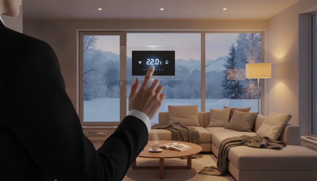 A modern, energy-efficient heating system is the focal point of the image, showcasing a sleek thermostat interface with digital readouts. In the foreground, a professional in business attire adjusts the thermostat, demonstrating user interaction. The middle ground features a cozy living room with soft, warm lighting emanating from strategically placed lamps that highlight the room’s inviting atmosphere. In the background, large windows reveal a peaceful winter landscape outside, emphasizing the contrast between the cold exterior and the warm interior. Subtle elements like energy-efficient heating vents and a comfortable couch adorned with blankets can be seen. The overall mood is one of comfort and efficiency, inviting viewers to aspire to improved thermal comfort and energy savings in their own homes. A modern, energy-efficient heating system is the focal point of the image, showcasing a sleek thermostat interface with digital readouts. In the foreground, a professional in business attire adjusts the thermostat, demonstrating user interaction. The middle ground features a cozy living room with soft, warm lighting emanating from strategically placed lamps that highlight the room’s inviting atmosphere. In the background, large windows reveal a peaceful winter landscape outside, emphasizing the contrast between the cold exterior and the warm interior. Subtle elements like energy-efficient heating vents and a comfortable couch adorned with blankets can be seen. The overall mood is one of comfort and efficiency, inviting viewers to aspire to improved thermal comfort and energy savings in their own homes.