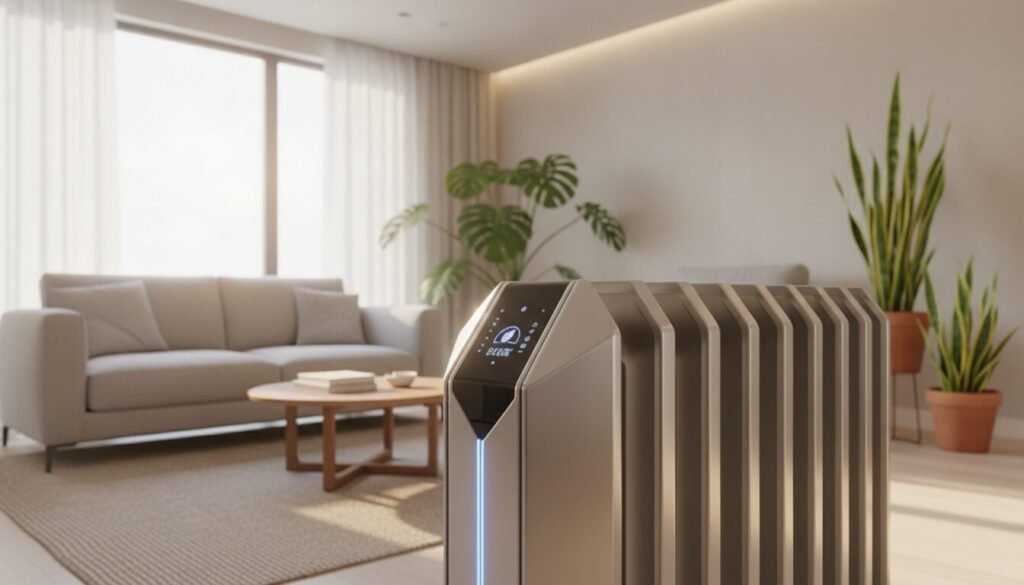 A modern, energy-efficient radiator in a well-lit, stylish living room. In the foreground, focus on the sleek design of the radiator, showcasing polished surfaces and integrated smart controls. In the middle ground, include a cozy, inviting space with minimalistic furniture and an ambient glow from natural light streaming through large windows. The background features green plants adding a touch of nature, emphasizing sustainability. The overall atmosphere should feel innovative and comfortable, highlighting the concept of energy optimization. Use warm, soft lighting to create an inviting mood, and capture the image from a slightly elevated angle to provide depth and perspective. No people are present, ensuring the focus remains on the radiator's functionality and design.