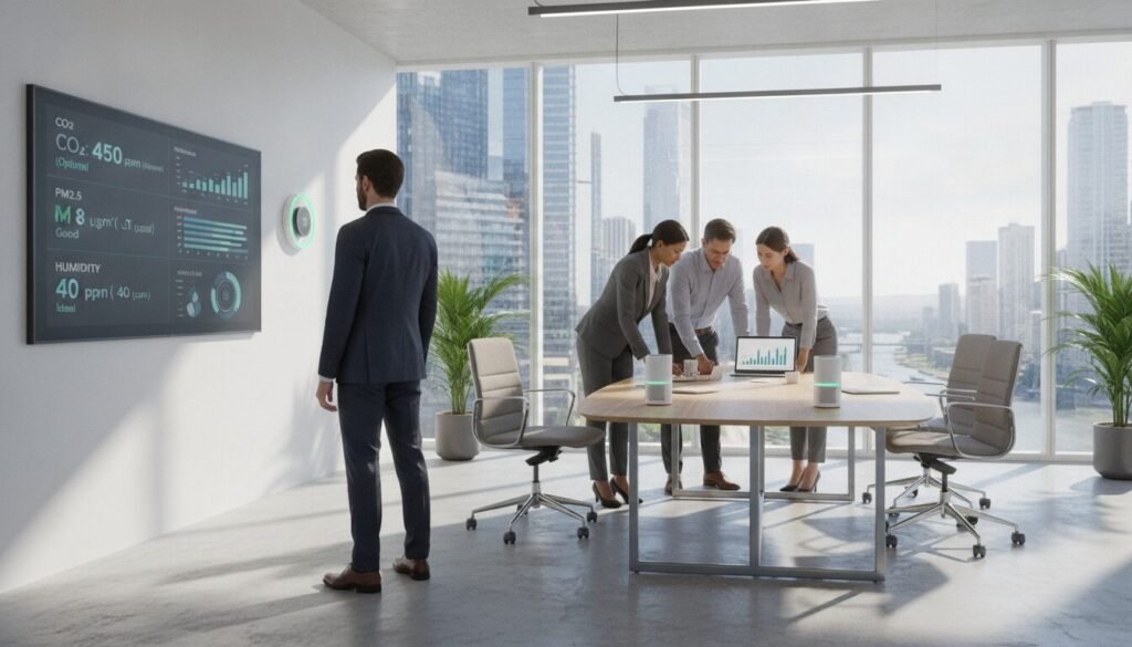 A modern office environment showcasing various air quality monitoring devices, including CO2 detectors. In the foreground, a well-dressed professional stands observing a digital screen displaying air quality metrics, highlighting professional usage and standards. In the middle ground, diverse professionals in business attire collaborate around a sleek conference table, analyzing data displayed on a laptop. The background features large windows with city views, allowing natural light to flood the space, creating a bright and motivating atmosphere. The overall mood conveys diligence and professionalism, emphasizing the importance of maintaining high air quality standards in a workplace setting. The image is well-lit, with a focus on clean lines and modern design elements. A modern office environment showcasing various air quality monitoring devices, including CO2 detectors. In the foreground, a well-dressed professional stands observing a digital screen displaying air quality metrics, highlighting professional usage and standards. In the middle ground, diverse professionals in business attire collaborate around a sleek conference table, analyzing data displayed on a laptop. The background features large windows with city views, allowing natural light to flood the space, creating a bright and motivating atmosphere. The overall mood conveys diligence and professionalism, emphasizing the importance of maintaining high air quality standards in a workplace setting. The image is well-lit, with a focus on clean lines and modern design elements.