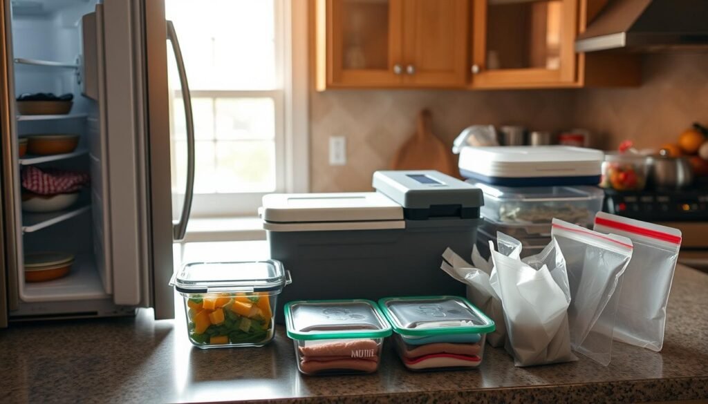 A neatly organized kitchen counter with various food preservation techniques on display. In the foreground, an open refrigerator door reveals chilled items, while insulated coolers, vacuum-sealed containers, and reusable silicone wraps occupy the middle ground. In the background, natural light filters through a window, casting a warm, inviting glow. The scene conveys a sense of preparedness and practical solutions for maintaining food freshness during a power outage. Lighting is soft and diffused, with a focus on the storage methods and their functionality. A neatly organized kitchen counter with various food preservation techniques on display. In the foreground, an open refrigerator door reveals chilled items, while insulated coolers, vacuum-sealed containers, and reusable silicone wraps occupy the middle ground. In the background, natural light filters through a window, casting a warm, inviting glow. The scene conveys a sense of preparedness and practical solutions for maintaining food freshness during a power outage. Lighting is soft and diffused, with a focus on the storage methods and their functionality.