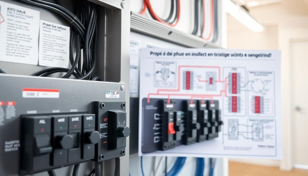 A neatly organized workspace with a circuit breaker panel in the foreground, showcasing various breakers and switches. In the middle ground, a detailed diagram depicts the proper wiring and installation process, guiding the viewer step-by-step. The background features a clean, well-lit interior, accentuating the importance of a professional, safe, and efficient electrical setup. The scene conveys a sense of order, precision, and technical expertise, perfectly suited to illustrate the "Conseils pratiques pour une installation efficace et sécurisée" section of the article. A neatly organized workspace with a circuit breaker panel in the foreground, showcasing various breakers and switches. In the middle ground, a detailed diagram depicts the proper wiring and installation process, guiding the viewer step-by-step. The background features a clean, well-lit interior, accentuating the importance of a professional, safe, and efficient electrical setup. The scene conveys a sense of order, precision, and technical expertise, perfectly suited to illustrate the "Conseils pratiques pour une installation efficace et sécurisée" section of the article.