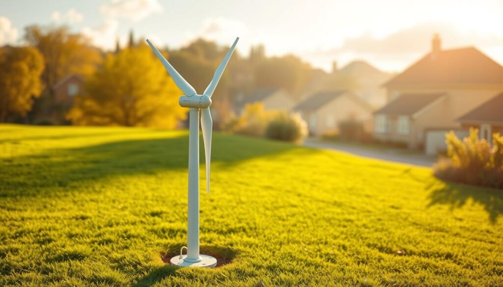 A pristine domestic wind turbine stands tall against a serene, sun-dappled landscape. Its sleek, modern design with three gracefully curved blades effortlessly spins, harnessing the gentle breeze to generate clean, renewable energy. The turbine's base is neatly integrated into the lush, verdant lawn, seamlessly blending into the idyllic suburban setting. Warm, golden sunlight filters through wispy clouds, casting a tranquil, inviting atmosphere. The turbine's efficient, low-profile form and quiet operation make it an unobtrusive, sustainable power source for the self-sufficient household. This image perfectly encapsulates the idea of accessible, cost-free electricity generation for the modern home.