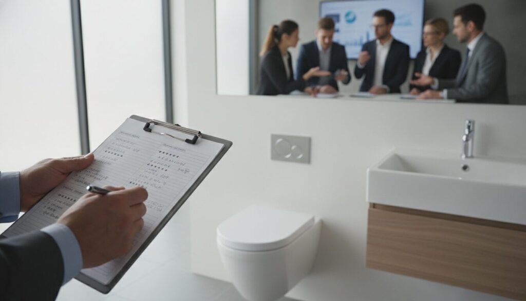 A professional setting showcasing a modern bathroom with a sleek toilet tank mechanism prominently displayed. In the foreground, there are two hands taking notes on a clipboard filled with annotated customer feedback and expert review ratings. The middle ground features a well-lit bathroom, highlighting a polished, chrome faucet and a stylish toilet. In the background, blurred images of diverse professionals in business attire, engaged in discussion about the product, can be seen, infusing a collaborative atmosphere. Soft, natural lighting filters through a window, creating a warm and inviting environment. The overall mood is one of informed decision-making and quality assessment, emphasizing trust and expertise in consumer choices. A professional setting showcasing a modern bathroom with a sleek toilet tank mechanism prominently displayed. In the foreground, there are two hands taking notes on a clipboard filled with annotated customer feedback and expert review ratings. The middle ground features a well-lit bathroom, highlighting a polished, chrome faucet and a stylish toilet. In the background, blurred images of diverse professionals in business attire, engaged in discussion about the product, can be seen, infusing a collaborative atmosphere. Soft, natural lighting filters through a window, creating a warm and inviting environment. The overall mood is one of informed decision-making and quality assessment, emphasizing trust and expertise in consumer choices.