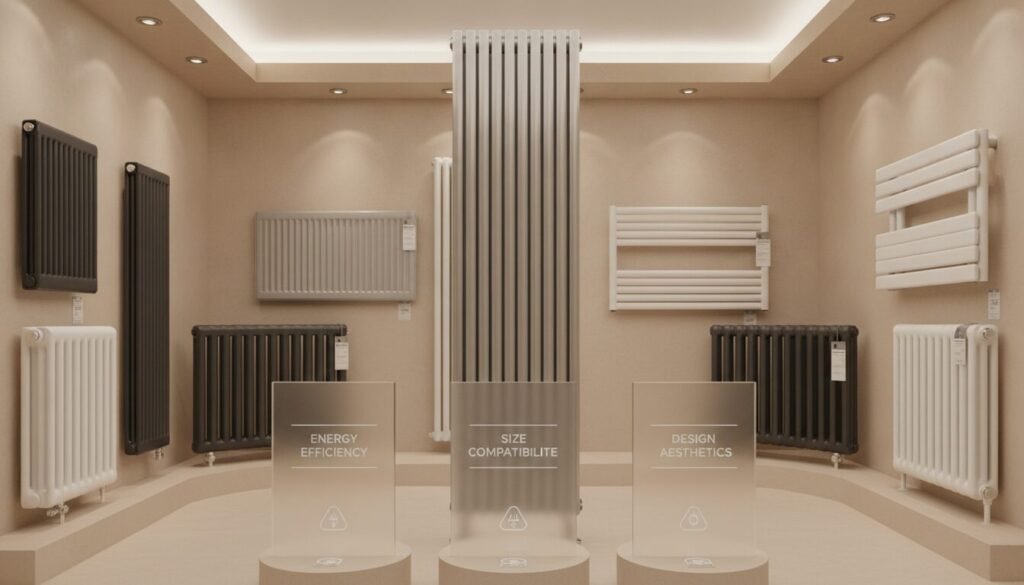 A professional setting showcasing various steel radiators, arranged neatly in a showroom environment. In the foreground, a sleek modern steel radiator occupies the center, showcasing its design features like smooth lines and a polished finish. Surrounding it are smaller panels explaining key selection criteria, such as energy efficiency, size compatibility, and design aesthetics, rendered in an elegant, minimalist style. The middle ground features additional radiators in diverse designs and textures, hinting at the variety available in 2026. The background is a softly lit space with neutral-colored walls, accentuating the radiators while creating an inviting atmosphere. Soft, focused lighting highlights the details of the radiators, enhancing their appeal. The mood is informative and professional, inviting potential buyers to explore their options confidently.