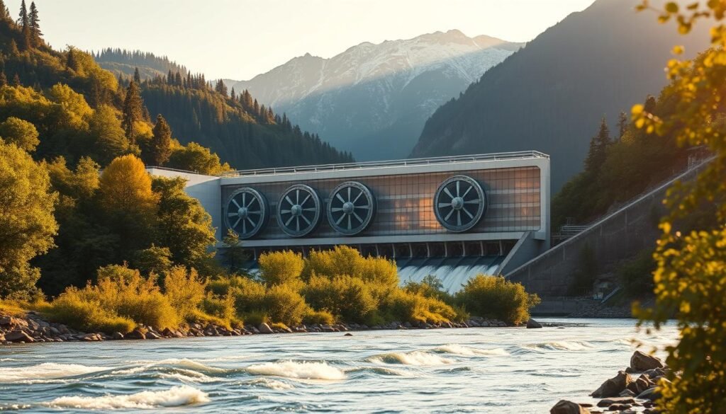 A serene hydroelectric power station nestled amidst a lush, verdant landscape. In the foreground, a tranquil river flows swiftly, its current driving the massive, gleaming turbines that churn and spin, generating clean, renewable energy. The middle ground features the sleek, modern architecture of the power station, its sleek lines and glass façade reflecting the surrounding foliage. In the background, towering mountains rise, their peaks dusted with a hint of snow, creating a picturesque and majestic backdrop. The scene is bathed in warm, golden sunlight, casting a soft, inviting glow over the entire composition. The overall atmosphere conveys a sense of harmony between nature and technology, showcasing the power and potential of hydroelectric power.