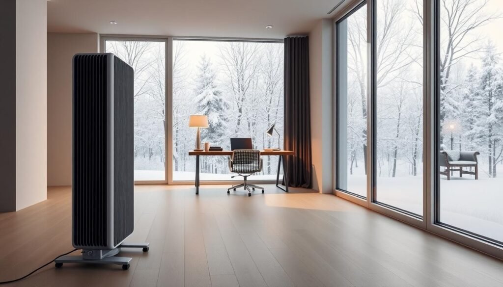 A sleek, minimalist interior with a large window overlooking a snowy winter landscape. In the foreground, a modern electric heater stands prominently, its simple and efficient design the focus of the scene. Soft, diffused lighting from the window and a few strategically placed lamps create a warm, cozy atmosphere, highlighting the heater's clean lines and intuitive controls. The middle ground features a minimalist desk and chair setup, suggesting a home office space optimized for energy efficiency. In the background, trees covered in a fresh layer of snow create a serene, peaceful backdrop, emphasizing the importance of sustainable heating solutions. The overall impression is one of elegant simplicity, functional design, and environmental consciousness. A sleek, minimalist interior with a large window overlooking a snowy winter landscape. In the foreground, a modern electric heater stands prominently, its simple and efficient design the focus of the scene. Soft, diffused lighting from the window and a few strategically placed lamps create a warm, cozy atmosphere, highlighting the heater's clean lines and intuitive controls. The middle ground features a minimalist desk and chair setup, suggesting a home office space optimized for energy efficiency. In the background, trees covered in a fresh layer of snow create a serene, peaceful backdrop, emphasizing the importance of sustainable heating solutions. The overall impression is one of elegant simplicity, functional design, and environmental consciousness.