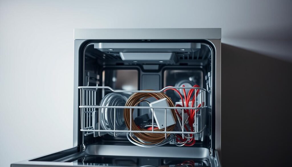 A sleek, modern dishwasher with its front panel removed, revealing the intricate heating element and wiring components that comprise the resistance system. The metal coil and electronic circuitry are highlighted, conveying a technical, engineering-focused aesthetic. Soft, diffused lighting illuminates the scene, casting subtle shadows and highlights to accentuate the mechanical details. The background is muted and minimalist, allowing the dishwasher's inner workings to be the central focus. The overall tone is one of functional elegance, inviting the viewer to appreciate the sophisticated engineering that powers this common household appliance. A sleek, modern dishwasher with its front panel removed, revealing the intricate heating element and wiring components that comprise the resistance system. The metal coil and electronic circuitry are highlighted, conveying a technical, engineering-focused aesthetic. Soft, diffused lighting illuminates the scene, casting subtle shadows and highlights to accentuate the mechanical details. The background is muted and minimalist, allowing the dishwasher's inner workings to be the central focus. The overall tone is one of functional elegance, inviting the viewer to appreciate the sophisticated engineering that powers this common household appliance.