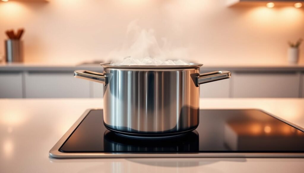 A sleek, modern kitchen counter with a stainless steel pot on the stovetop, steam rising from the bubbling water. The pot is illuminated by warm, soft lighting, casting gentle shadows and highlights. The counter is clean and uncluttered, with a minimalist design that emphasizes the efficiency of the boiling process. The background is slightly blurred, keeping the focus on the central element of the pot and the boiling water. The overall mood is one of streamlined functionality and attention to detail, capturing the essence of "techniques ébullition rapide" for the article's section on accelerating the boiling process.