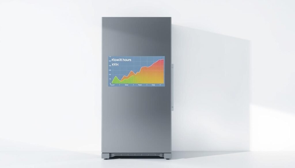 A sleek, modern refrigerator set against a minimalist, white background. The screen on the refrigerator displays a graph charting the energy consumption in kilowatt-hours (kWh), providing a clear visual representation of the appliance's energy usage. The graph is color-coded, with different sections highlighting peak and off-peak usage patterns. The refrigerator is lit from the side, casting subtle shadows that add depth and dimensionality to the scene. The overall mood is one of informative clarity, showcasing the data in a clean, easily digestible manner to help the viewer understand the energy consumption of their refrigerator-freezer unit. A sleek, modern refrigerator set against a minimalist, white background. The screen on the refrigerator displays a graph charting the energy consumption in kilowatt-hours (kWh), providing a clear visual representation of the appliance's energy usage. The graph is color-coded, with different sections highlighting peak and off-peak usage patterns. The refrigerator is lit from the side, casting subtle shadows that add depth and dimensionality to the scene. The overall mood is one of informative clarity, showcasing the data in a clean, easily digestible manner to help the viewer understand the energy consumption of their refrigerator-freezer unit.