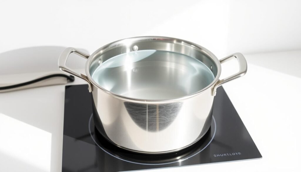 A stainless steel pot filled with crystal clear water, positioned on a sleek induction stove against a minimalist white background. Soft natural lighting casts gentle shadows, highlighting the water's surface tension and the pot's reflective sheen. The scene conveys a sense of scientific inquiry, inviting the viewer to consider the factors that influence the water's boiling time - such as the pot's material, the stove's heat output, and the volume of water. The overall composition is clean, balanced, and devoid of distractions, placing the focus squarely on the central subject matter: "facteurs durée ébullition eau".