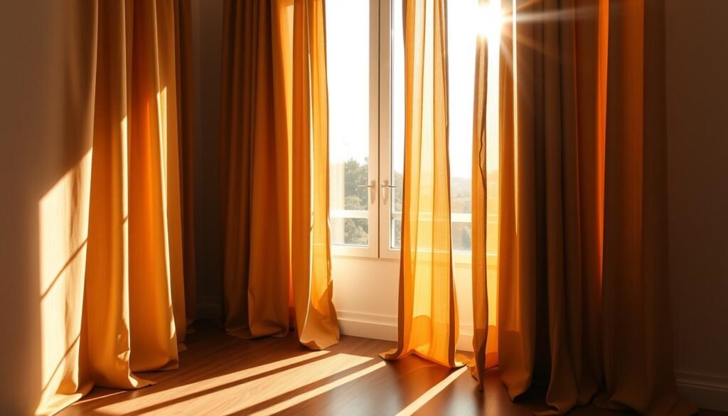 A sunlit room with tall, elegant curtains billowing gently, casting soft shadows on the hardwood floor. The curtains are made of a lush, semi-sheer fabric in a warm, earthy tone that filters the sunlight, creating a cozy, inviting ambiance. The window frames the view outside, showcasing a tranquil garden or cityscape, further emphasizing the calming, relaxing atmosphere. The lighting is natural, with the sun's rays streaming in through the curtains, illuminating the space with a warm, golden glow. The overall scene conveys a sense of comfort and respite from the heat, perfectly capturing the essence of "rideaux stores contre soleil" for this informative article.