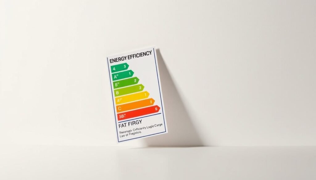 An elegant, minimalist still life showcasing an energy efficiency label against a clean, neutral background. The label takes center stage, its sleek design and vibrant color palette drawing the eye. Soft, directional lighting from the left casts subtle shadows, adding depth and dimension. The label is positioned at a slight angle, creating visual interest. The background is a muted, off-white tone, allowing the label to stand out prominently. The overall composition conveys the importance and impact of energy efficiency ratings in a refined, sophisticated manner. An elegant, minimalist still life showcasing an energy efficiency label against a clean, neutral background. The label takes center stage, its sleek design and vibrant color palette drawing the eye. Soft, directional lighting from the left casts subtle shadows, adding depth and dimension. The label is positioned at a slight angle, creating visual interest. The background is a muted, off-white tone, allowing the label to stand out prominently. The overall composition conveys the importance and impact of energy efficiency ratings in a refined, sophisticated manner.
