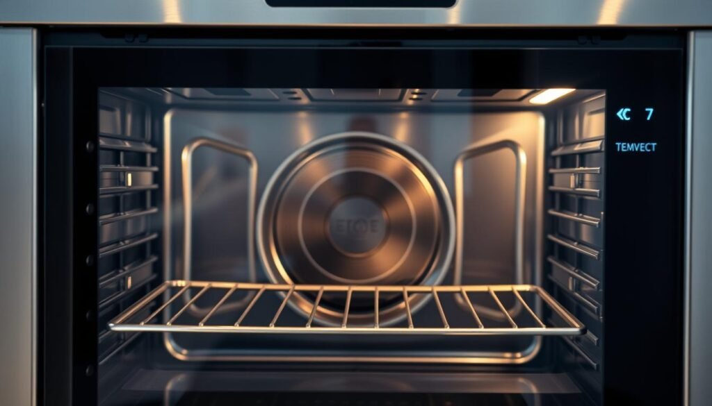 A close-up view of a modern electric oven with a glass door, showcasing its interior layout and control panel. The oven is set to a specific temperature, with the convection fan visibly spinning, indicating the "convection" or "forced air" cooking mode. The scene is well-lit, with a soft, even light illuminating the oven's sleek, stainless steel exterior. The background is slightly blurred, keeping the focus on the oven and its key features. The overall impression is one of efficiency, precision, and the ability to calculate and monitor the oven's energy consumption.