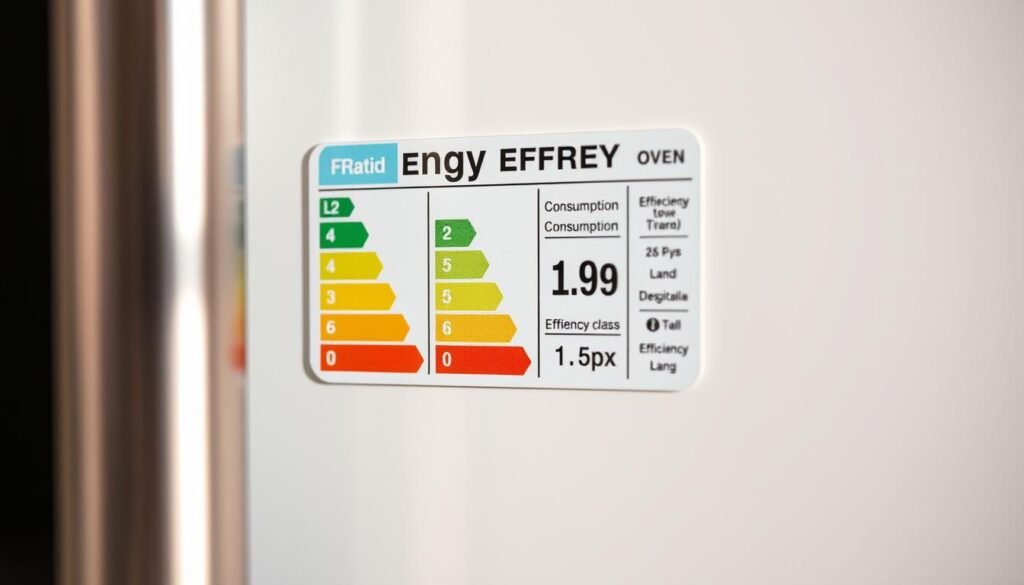 A close-up view of an energy efficiency label for a convection oven, prominently displayed against a clean, minimalist background. The label showcases the oven's energy rating, consumption details, and efficiency class in a clear, legible manner. Soft, directional lighting from the side casts subtle shadows, emphasizing the tactile, dimensional quality of the label. The composition is balanced and visually appealing, guiding the viewer's attention to the key information. The overall mood is one of clarity, precision, and a focus on the oven's energy performance.