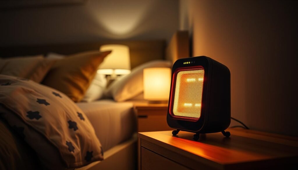 A cozy, well-lit bedroom at night, featuring a modern space heater on a wooden nightstand. The heater's sleek design and soft LED display emit a warm, comforting glow, creating a sense of safety and security. The room is decorated with muted tones, plush bedding, and subtle ambient lighting, conveying a tranquil, relaxing atmosphere. The camera angle is slightly elevated, capturing the heater in the foreground while the rest of the room fades into the background, emphasizing the importance of the heating appliance. The overall scene exudes a feeling of comfort and thoughtful, responsible heating practices for a peaceful night's sleep.