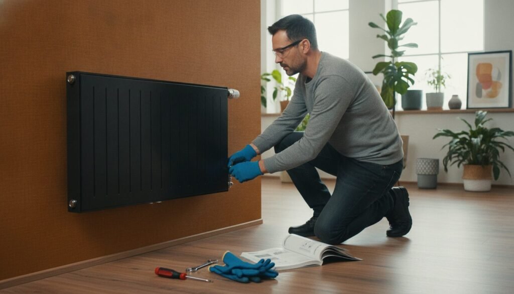 A cozy, well-lit home interior featuring a modern heating system, focusing on a sleek, contemporary radiator against a warm, welcoming wall. In the foreground, a set of professional maintenance tools such as a screwdriver, gloves, and a manual are neatly arranged next to the radiator. In the middle, a technician dressed in modest casual clothing is inspecting the radiator, wearing safety glasses and showing a focused expression. In the background, soft natural light filters through a window, illuminating houseplants and decorative elements, creating a serene atmosphere. The overall mood reflects diligence and professionalism, emphasizing the importance of regular maintenance to prevent heating issues. A cozy, well-lit home interior featuring a modern heating system, focusing on a sleek, contemporary radiator against a warm, welcoming wall. In the foreground, a set of professional maintenance tools such as a screwdriver, gloves, and a manual are neatly arranged next to the radiator. In the middle, a technician dressed in modest casual clothing is inspecting the radiator, wearing safety glasses and showing a focused expression. In the background, soft natural light filters through a window, illuminating houseplants and decorative elements, creating a serene atmosphere. The overall mood reflects diligence and professionalism, emphasizing the importance of regular maintenance to prevent heating issues.