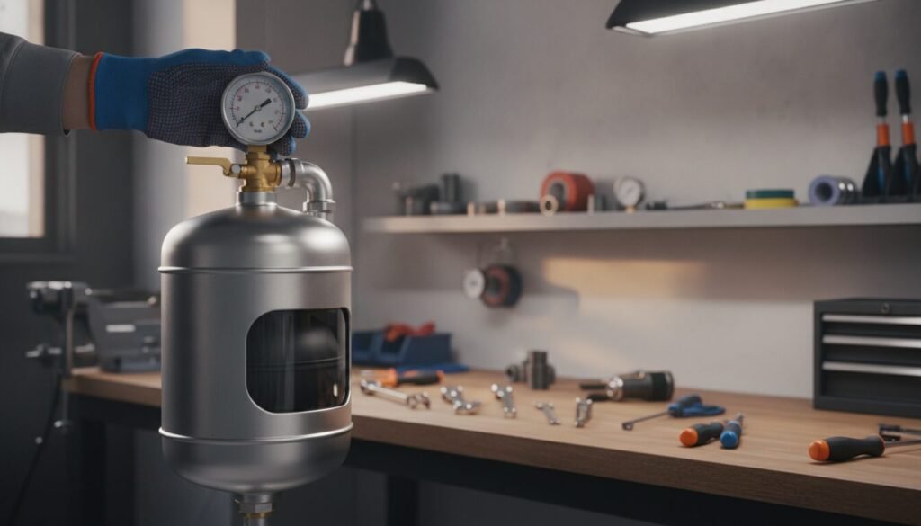 A detailed, close-up image of a vertical vase expansion tank, showcasing its components such as the pressure gauge, inlet and outlet pipes, and the expansion bladder. The foreground features the tank in a well-lit, polished mechanical workshop, emphasizing its metallic texture and fine details. In the middle ground, a hand wearing a work glove is gently examining the pressure gauge, indicating maintenance activities. The background includes tools like wrenches and screwdrivers neatly arranged on a workbench, along with a soft-focus wall with shelves holding spare parts. Harsh overhead lighting creates stark contrasts, while a warm ambient light adds a professional and inviting atmosphere to the workspace. The overall mood is technical and focused, perfect for illustrating maintenance practices. A detailed, close-up image of a vertical vase expansion tank, showcasing its components such as the pressure gauge, inlet and outlet pipes, and the expansion bladder. The foreground features the tank in a well-lit, polished mechanical workshop, emphasizing its metallic texture and fine details. In the middle ground, a hand wearing a work glove is gently examining the pressure gauge, indicating maintenance activities. The background includes tools like wrenches and screwdrivers neatly arranged on a workbench, along with a soft-focus wall with shelves holding spare parts. Harsh overhead lighting creates stark contrasts, while a warm ambient light adds a professional and inviting atmosphere to the workspace. The overall mood is technical and focused, perfect for illustrating maintenance practices.