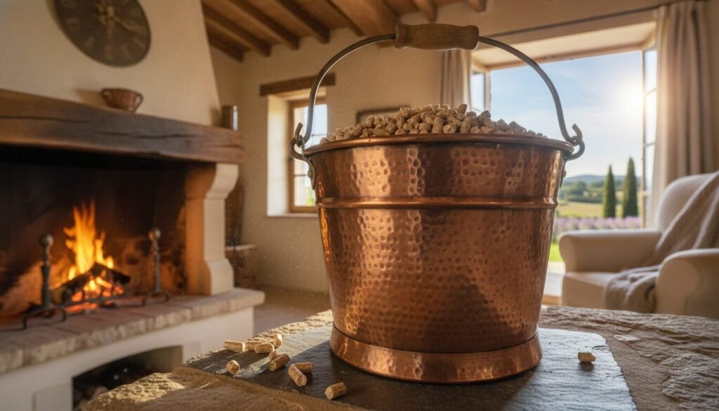 A detailed composition focusing on a traditional French pellet bucket, prominently displayed in the foreground, showcasing its crafted design and texture. The bucket should contain wood pellets, with some spilling slightly to highlight the material. In the middle ground, include elements of a cozy French home interior, like a rustic fireplace or wooden beams, to provide context. The background features a sunny window view with lush greenery typical of a French countryside, emphasizing an inviting atmosphere. Utilize soft, warm natural lighting to convey a sense of comfort and practicality, aiming for a realistic depth of field effect to create focus on the bucket. The overall mood should be warm and homely, reflecting the importance of the pellet bucket in modern French living.