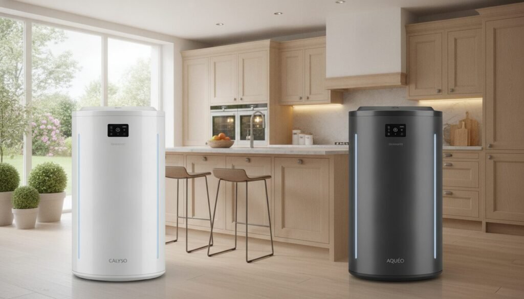 A detailed depiction of two modern water heater models, Calypso and Aquéo, displayed prominently in a bright and inviting home environment. The foreground highlights the sleek, contemporary designs of both models with the Calypso featuring a glossy finish and the Aquéo showcasing a matte look. In the middle ground, an elegant kitchen setting includes stylish cabinetry and soft ambient lighting, casting warm highlights on the water heaters. The background showcases a well-lit, airy space with a hint of greenery visible through a window, enhancing the fresh atmosphere. Use a wide-angle lens perspective to capture the entire scene, ensuring a clean and professional aesthetic, with an emphasis on innovation and sophistication in home heating solutions. A detailed depiction of two modern water heater models, Calypso and Aquéo, displayed prominently in a bright and inviting home environment. The foreground highlights the sleek, contemporary designs of both models with the Calypso featuring a glossy finish and the Aquéo showcasing a matte look. In the middle ground, an elegant kitchen setting includes stylish cabinetry and soft ambient lighting, casting warm highlights on the water heaters. The background showcases a well-lit, airy space with a hint of greenery visible through a window, enhancing the fresh atmosphere. Use a wide-angle lens perspective to capture the entire scene, ensuring a clean and professional aesthetic, with an emphasis on innovation and sophistication in home heating solutions.