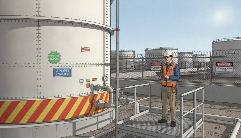 A detailed illustration of a fuel storage tank facility, emphasizing safety and compliance with regulations. In the foreground, a large, well-maintained oil tank with vibrant safety markings and inspection tags clearly visible. In the middle ground, a professional technician in a hard hat and high-visibility vest inspects the tank, holding a clipboard and taking notes. The background features a serene industrial setting with additional tanks, safety barriers, and clear signage regarding fuel safety protocols. The scene is illuminated by natural daylight, casting realistic shadows, and the angle captures the attention on both the tank and the technician, conveying a mood of responsibility and vigilance towards fuel storage safety.