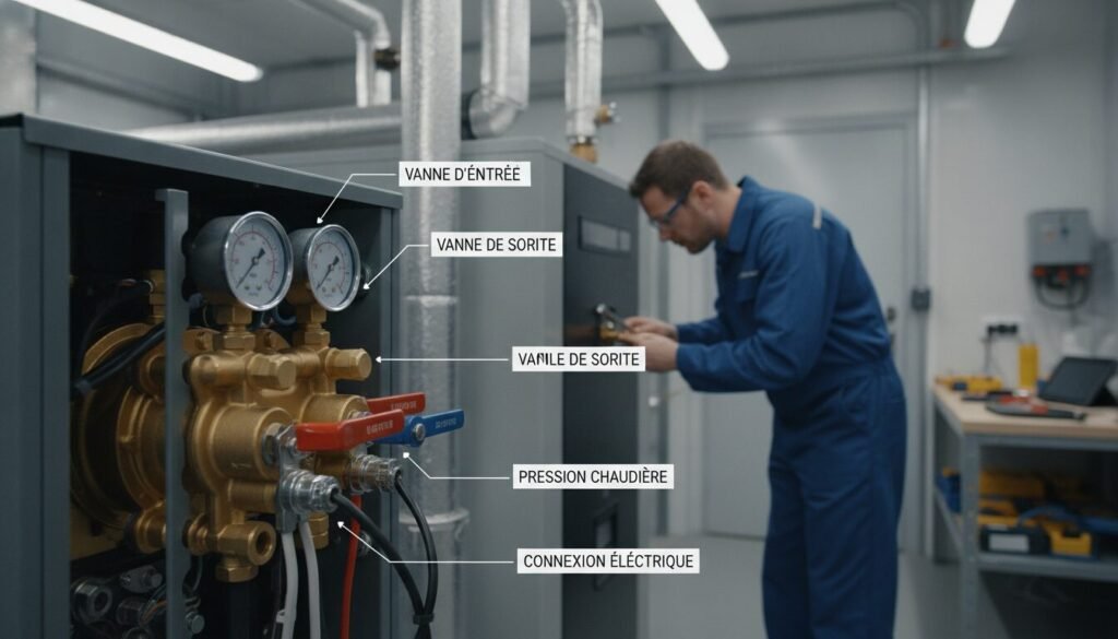 A detailed view of a disconnecteur chaudière, showcasing its intricate mechanisms and components. In the foreground, focus on the disconnecteur itself, highlighting the valves, pressure gauges, and electrical connections, with labels indicating their functions. In the middle ground, depict a technician in professional attire examining the disconnecteur, using a tool in one hand, with a concentrated expression, emphasizing the maintenance aspect. The background includes a well-lit boiler room setting, featuring pipes, a heating unit, and maintenance tools organized on a workbench. Use bright, even lighting to create a clear, informative atmosphere, captured from a slightly elevated angle to enhance depth and detail.
