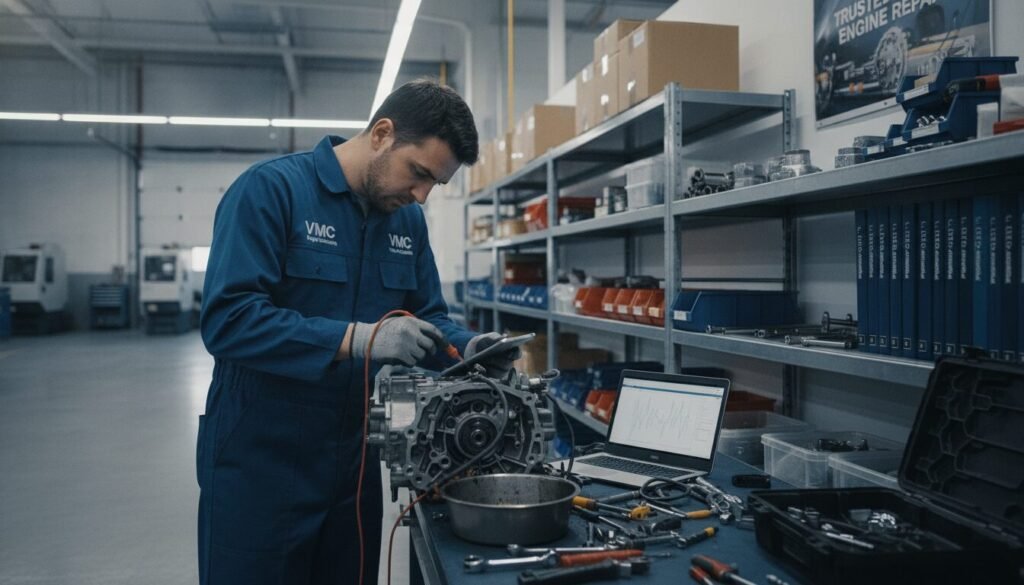 A detailed workshop scene focused on "engine repair solutions for VMC motors." In the foreground, showcase a technician in professional attire, closely examining a VMC motor with various diagnostic tools spread out on a workbench. In the middle ground, include shelves filled with replacement parts, tools, and manuals, creating an organized repair environment. The background should depict a well-lit garage with overhead fluorescent lights, enhancing the clarity of the scene. Use a shallow depth of field to focus on the technician and the motor while softly blurring the shelves behind. Highlight the mood of professionalism, precision, and technical expertise, conveying a sense of trust in engine repair and maintenance. A detailed workshop scene focused on "engine repair solutions for VMC motors." In the foreground, showcase a technician in professional attire, closely examining a VMC motor with various diagnostic tools spread out on a workbench. In the middle ground, include shelves filled with replacement parts, tools, and manuals, creating an organized repair environment. The background should depict a well-lit garage with overhead fluorescent lights, enhancing the clarity of the scene. Use a shallow depth of field to focus on the technician and the motor while softly blurring the shelves behind. Highlight the mood of professionalism, precision, and technical expertise, conveying a sense of trust in engine repair and maintenance.