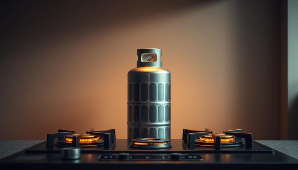 A dimly lit kitchen interior, with a sleek, modern gas stove standing prominently in the foreground. The stove's control panel and burners are clearly visible, casting a warm, amber glow. In the middle ground, a metal gas cylinder stands upright, its gauge indicating the remaining fuel level. The background fades into a neutral, muted palette, creating a sense of focus on the key elements. Subtle shadows and highlights accentuate the textures and forms, conveying a sense of weight and substance. The overall scene exudes a practical, functional atmosphere, suitable for illustrating the topic of gas stove consumption and autonomy.