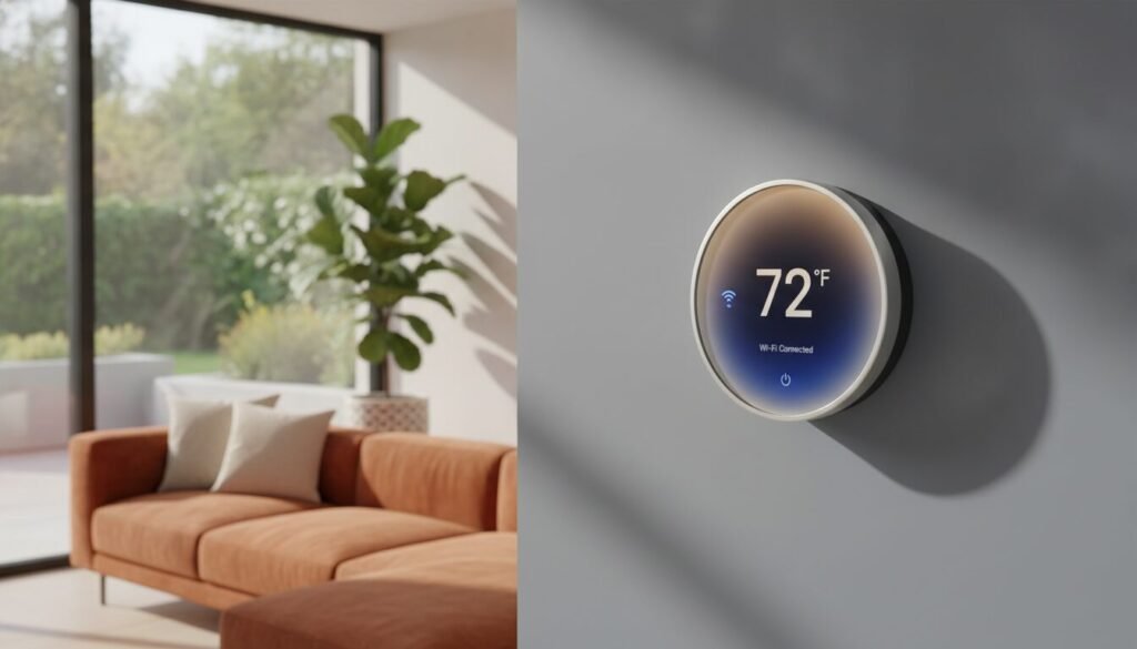 A modern smart thermostat mounted on a sleek wall, prominently displayed in a contemporary living room setting. The foreground features the thermostat's digital display, showing temperature settings and connectivity status. In the middle ground, a stylish couch and a potted plant create a cozy atmosphere. The background showcases a large window letting in soft, natural light, implying a bright and welcoming environment. The scene has a warm color palette, enhancing the feeling of comfort and modernity. The camera angle is slightly tilted upwards, capturing the elegance of the thermostat in relation to the room. Overall, the image conveys a sense of convenience, technology, and home comfort, perfect for a home installation context. A modern smart thermostat mounted on a sleek wall, prominently displayed in a contemporary living room setting. The foreground features the thermostat's digital display, showing temperature settings and connectivity status. In the middle ground, a stylish couch and a potted plant create a cozy atmosphere. The background showcases a large window letting in soft, natural light, implying a bright and welcoming environment. The scene has a warm color palette, enhancing the feeling of comfort and modernity. The camera angle is slightly tilted upwards, capturing the elegance of the thermostat in relation to the room. Overall, the image conveys a sense of convenience, technology, and home comfort, perfect for a home installation context.