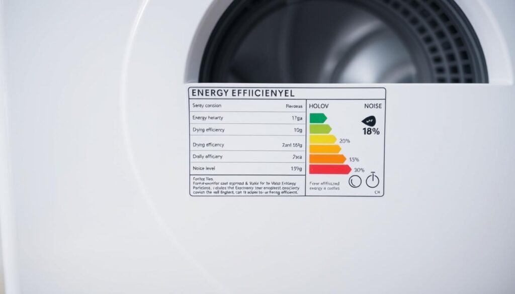 A neatly arranged energy efficiency label for a clothes dryer, displayed on a clean, well-lit surface. The label features distinct sections highlighting key performance metrics such as energy consumption, drying efficiency, and noise level. The design is minimalist, with clear and legible typography that conveys the relevant information at a glance. The overall mood is one of informative clarity, allowing the viewer to easily understand the energy efficiency characteristics of the appliance. A neatly arranged energy efficiency label for a clothes dryer, displayed on a clean, well-lit surface. The label features distinct sections highlighting key performance metrics such as energy consumption, drying efficiency, and noise level. The design is minimalist, with clear and legible typography that conveys the relevant information at a glance. The overall mood is one of informative clarity, allowing the viewer to easily understand the energy efficiency characteristics of the appliance.
