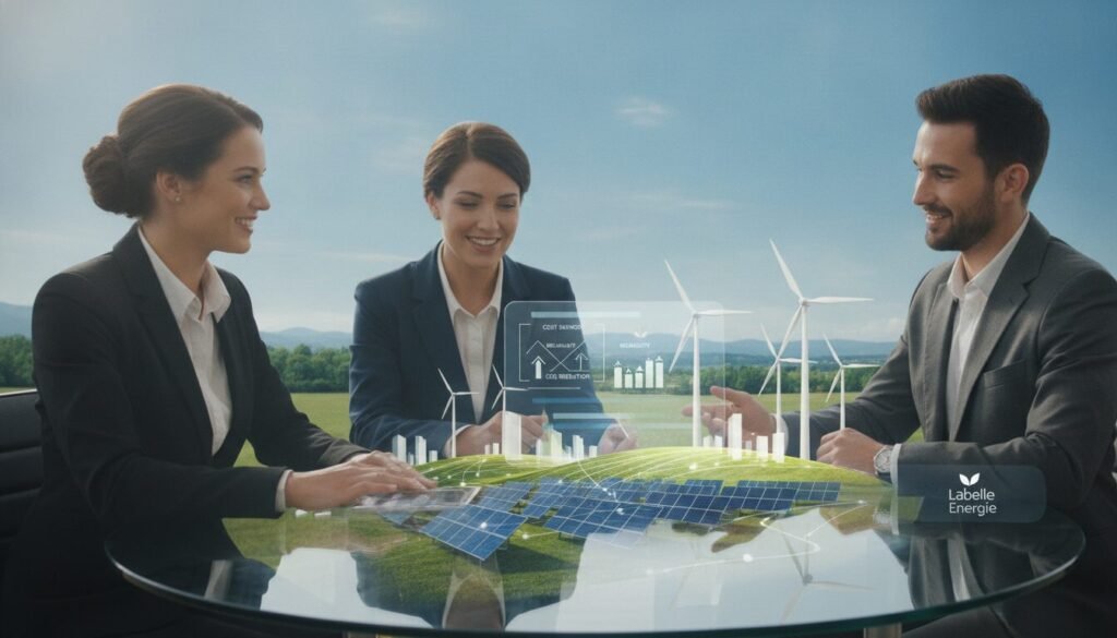 A positive and engaging visual representation of the advantages of Labelle Energie. In the foreground, depict a diverse group of three professionals in smart business attire, collaborating around a table with charts and diagrams illustrating renewable energy benefits. The middle ground features a conceptual image of sustainable energy sources, such as solar panels and wind turbines, symbolizing clean and efficient energy production. In the background, create a serene landscape with a blue sky and greenery that conveys environmental harmony. Soft, natural lighting illuminates the scene, giving it a warm, inviting atmosphere. Use a slightly angled perspective to create depth, drawing attention to the professionals and the innovative energy solutions they represent. A positive and engaging visual representation of the advantages of Labelle Energie. In the foreground, depict a diverse group of three professionals in smart business attire, collaborating around a table with charts and diagrams illustrating renewable energy benefits. The middle ground features a conceptual image of sustainable energy sources, such as solar panels and wind turbines, symbolizing clean and efficient energy production. In the background, create a serene landscape with a blue sky and greenery that conveys environmental harmony. Soft, natural lighting illuminates the scene, giving it a warm, inviting atmosphere. Use a slightly angled perspective to create depth, drawing attention to the professionals and the innovative energy solutions they represent.