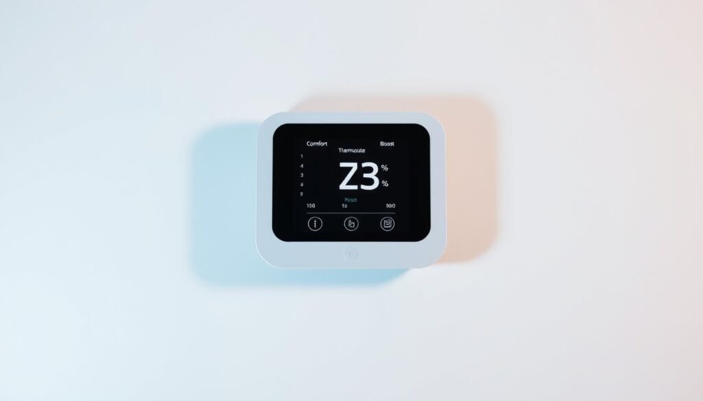 A sleek, minimalist digital thermostat with a clean, intuitive interface. The device is set against a neutral-toned background, bathed in soft, diffused lighting that highlights its modern, elegant design. The thermostat's display shows a range of temperature settings, with clear labels and icons indicating the various heating modes, such as "Comfort," "Eco," and "Boost." The overall composition conveys a sense of simplicity, functionality, and precision, reflecting the fundamental principles of a well-designed heating control system.