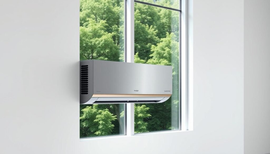A sleek, modern air conditioning unit against a minimalist, light-filled interior. The device is set into the wall, seamlessly integrated with the clean, white surfaces. Crisp, directional lighting highlights the unit's smooth, brushed metal casing and minimalist design. The background features a large window overlooking a lush, verdant landscape, creating a tranquil, nature-inspired atmosphere. The scene conveys a sense of effortless efficiency and environmental harmony, showcasing the versatility and energy-saving benefits of a reversible HVAC system. A sleek, modern air conditioning unit against a minimalist, light-filled interior. The device is set into the wall, seamlessly integrated with the clean, white surfaces. Crisp, directional lighting highlights the unit's smooth, brushed metal casing and minimalist design. The background features a large window overlooking a lush, verdant landscape, creating a tranquil, nature-inspired atmosphere. The scene conveys a sense of effortless efficiency and environmental harmony, showcasing the versatility and energy-saving benefits of a reversible HVAC system.