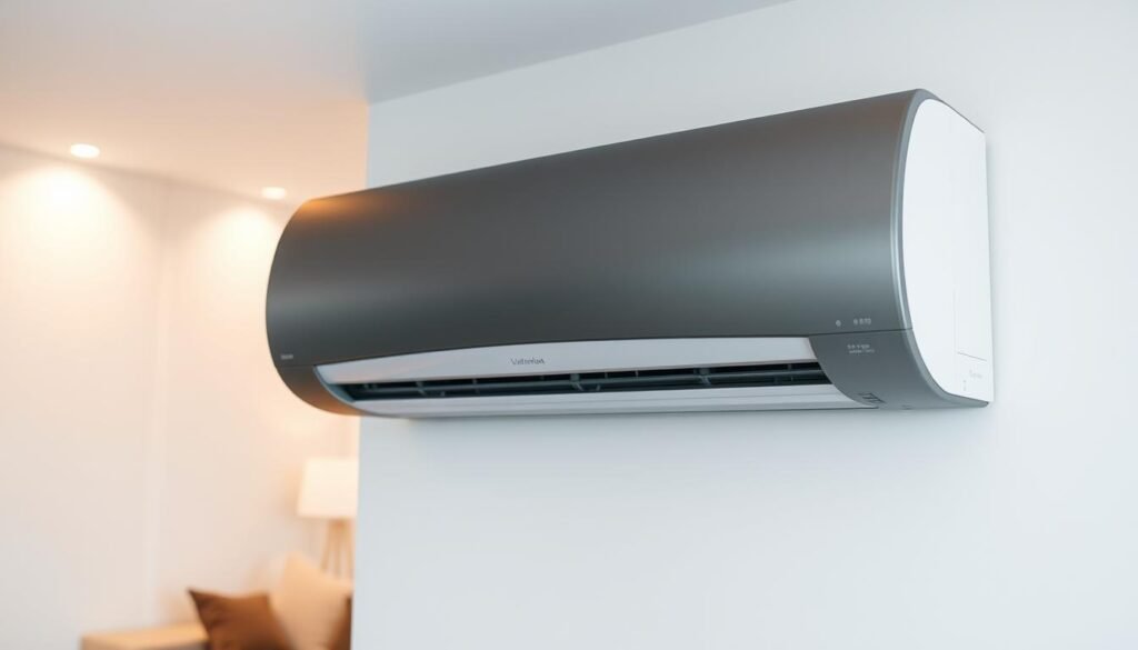 A sleek, modern air conditioning unit showcased in a minimalist, well-lit interior. The device is the focal point, occupying the foreground, with a clean and uncluttered design featuring smooth curves and a matte finish. The middle ground showcases the seamless integration of the unit into the wall, highlighting its efficient and discreet installation. The background features a neutral-toned, sophisticated room setting, conveying a sense of comfort and functionality. The lighting is soft and diffused, creating a warm and inviting atmosphere, emphasizing the unit's role in providing efficient climate control. The overall composition aims to illustrate the inner workings and seamless integration of a home air conditioning system.